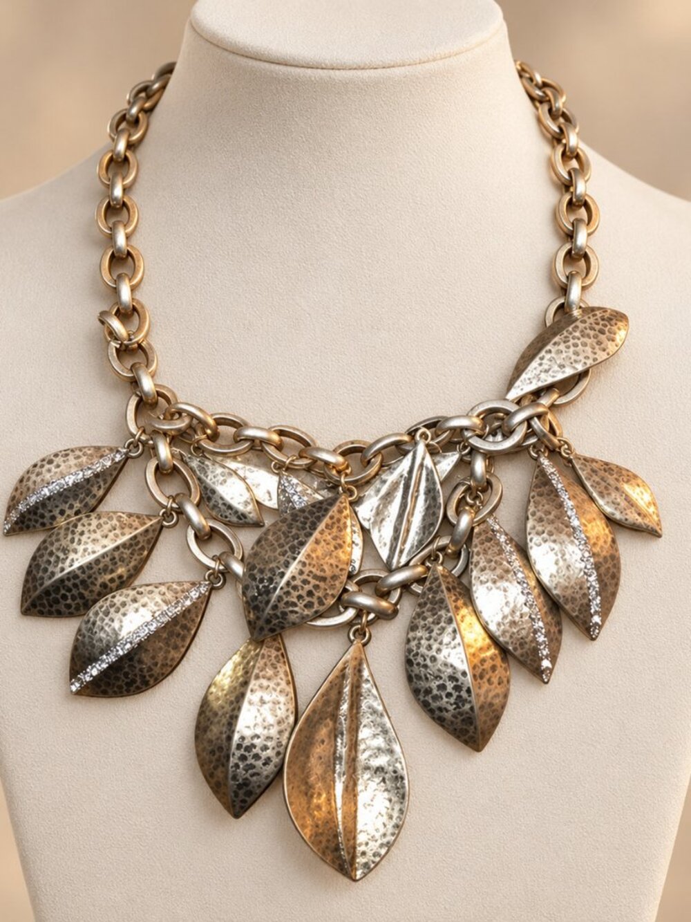 Mixed‎ Metal Textured Leaf Fringe Statement Necklace Botanical Bib Boho